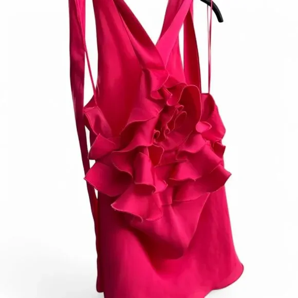 Hot pink ruffle blouse with adjustable criss cross strap, halter top style. - Picture 4 of 8